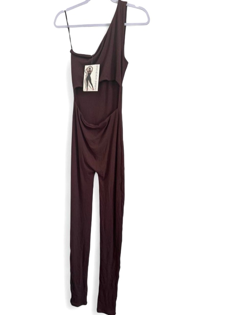 New w tag: Naked Wardrobe Chocolate Cut Out One-Shoulder Jumpsuit